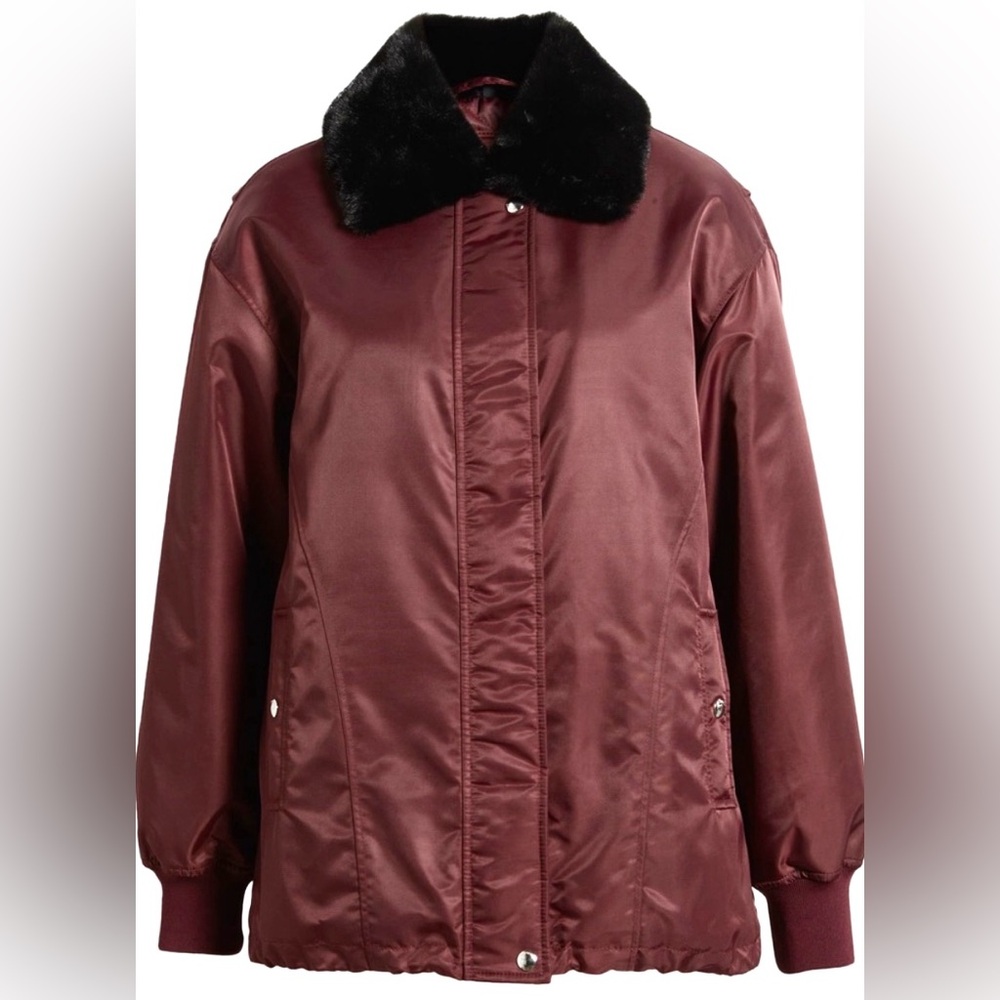 Blank NYC Burgundy Bomber Jacket with Black Faux Fur Collar